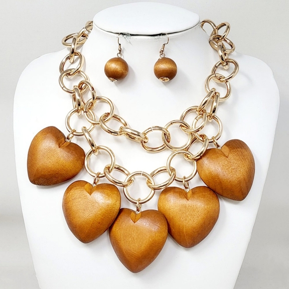 iFashionBox Jewelry - Brown Heart Wooden Oversized Chunky Layered Necklace Pendant Chain Link Charm